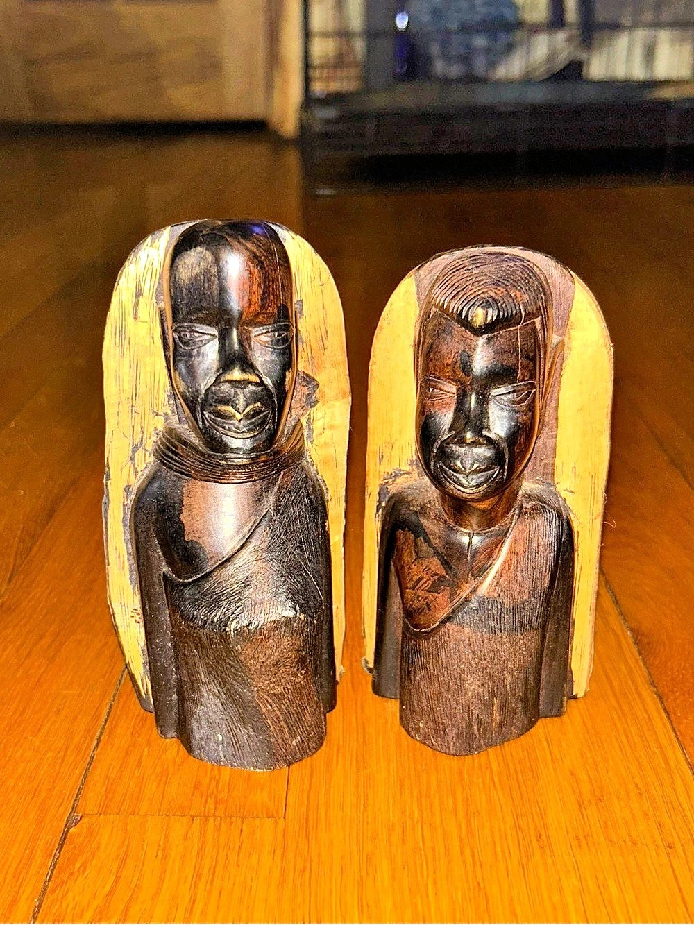 Vintage African Hand-Carved Ebony Wood Busts - Pair of Maasai Tribal Sculptures